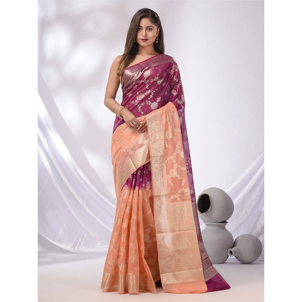 CHARUKRITI Peach & Wine Georgette Handwoven Saree with Floral Nakshi Designs & Unstitched Blouse