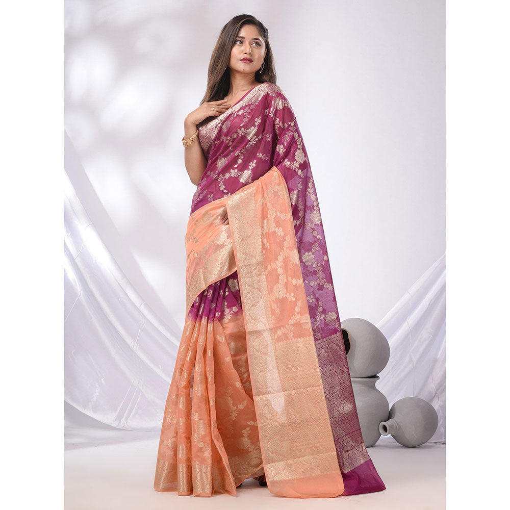 CHARUKRITI Peach & Wine Georgette Handwoven Saree with Floral Nakshi Designs & Unstitched Blouse