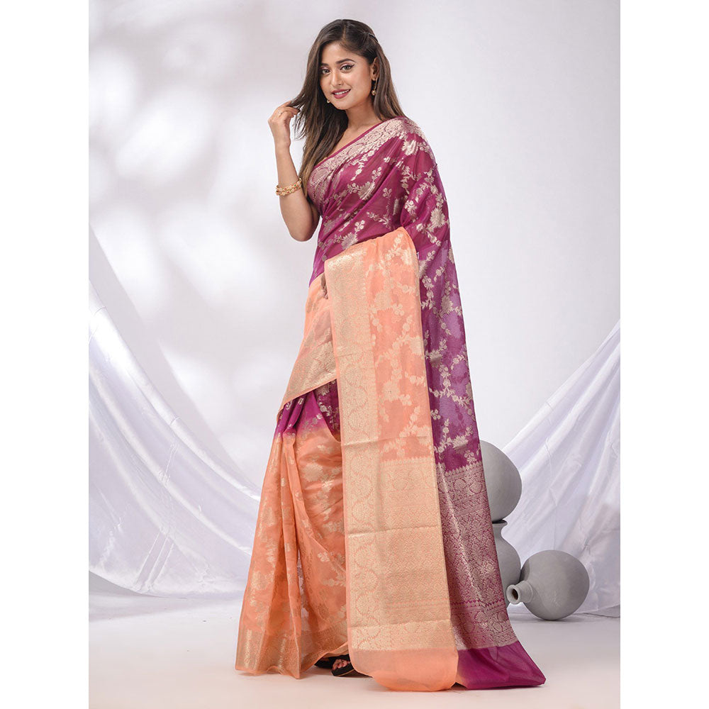 CHARUKRITI Peach & Wine Georgette Handwoven Saree with Floral Nakshi Designs & Unstitched Blouse