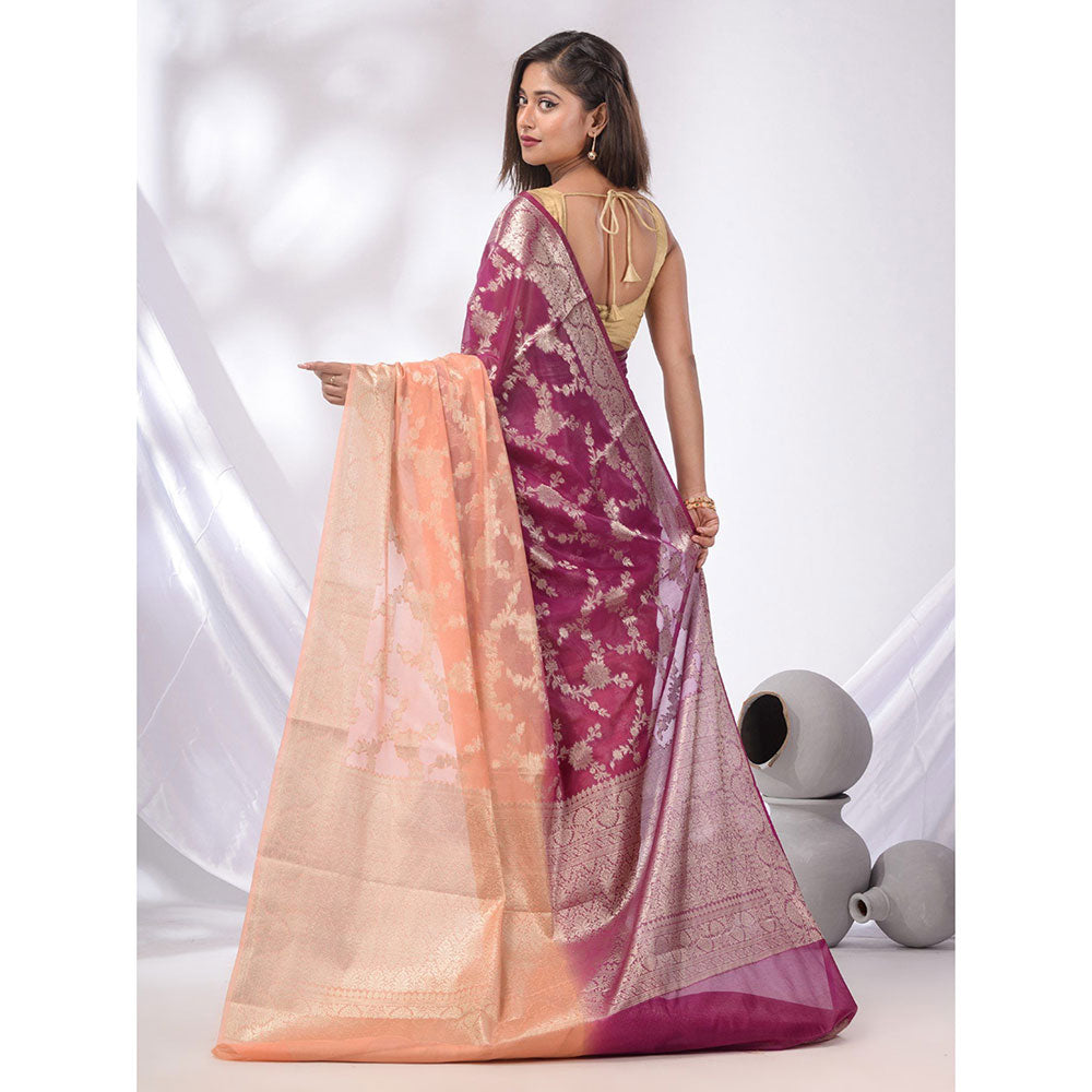 CHARUKRITI Peach & Wine Georgette Handwoven Saree with Floral Nakshi Designs & Unstitched Blouse