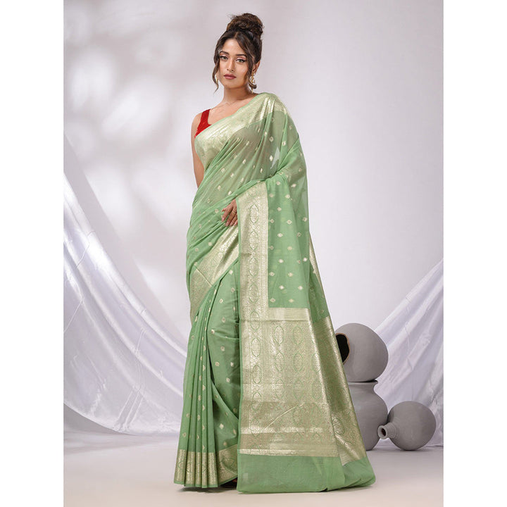 CHARUKRITI Pistachio Green Cotton Blend Handwoven Saree with Woven Zari Border & Unstitched Blouse