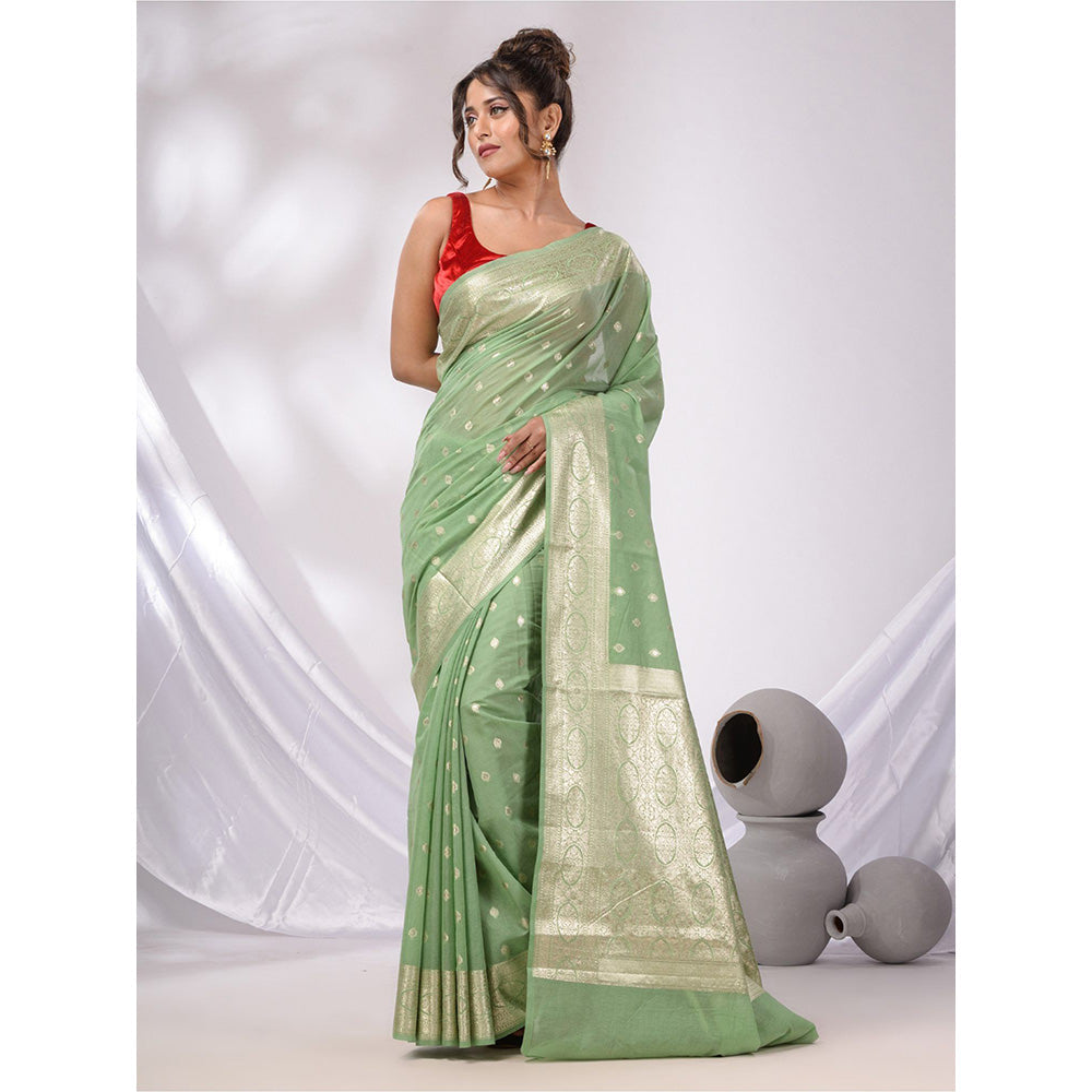 CHARUKRITI Pistachio Green Cotton Blend Handwoven Saree with Woven Zari Border & Unstitched Blouse