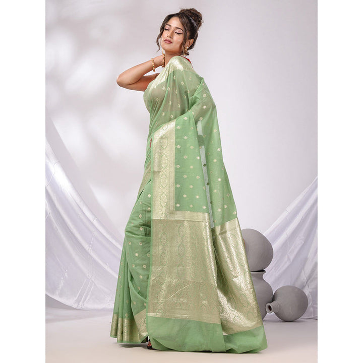 CHARUKRITI Pistachio Green Cotton Blend Handwoven Saree with Woven Zari Border & Unstitched Blouse