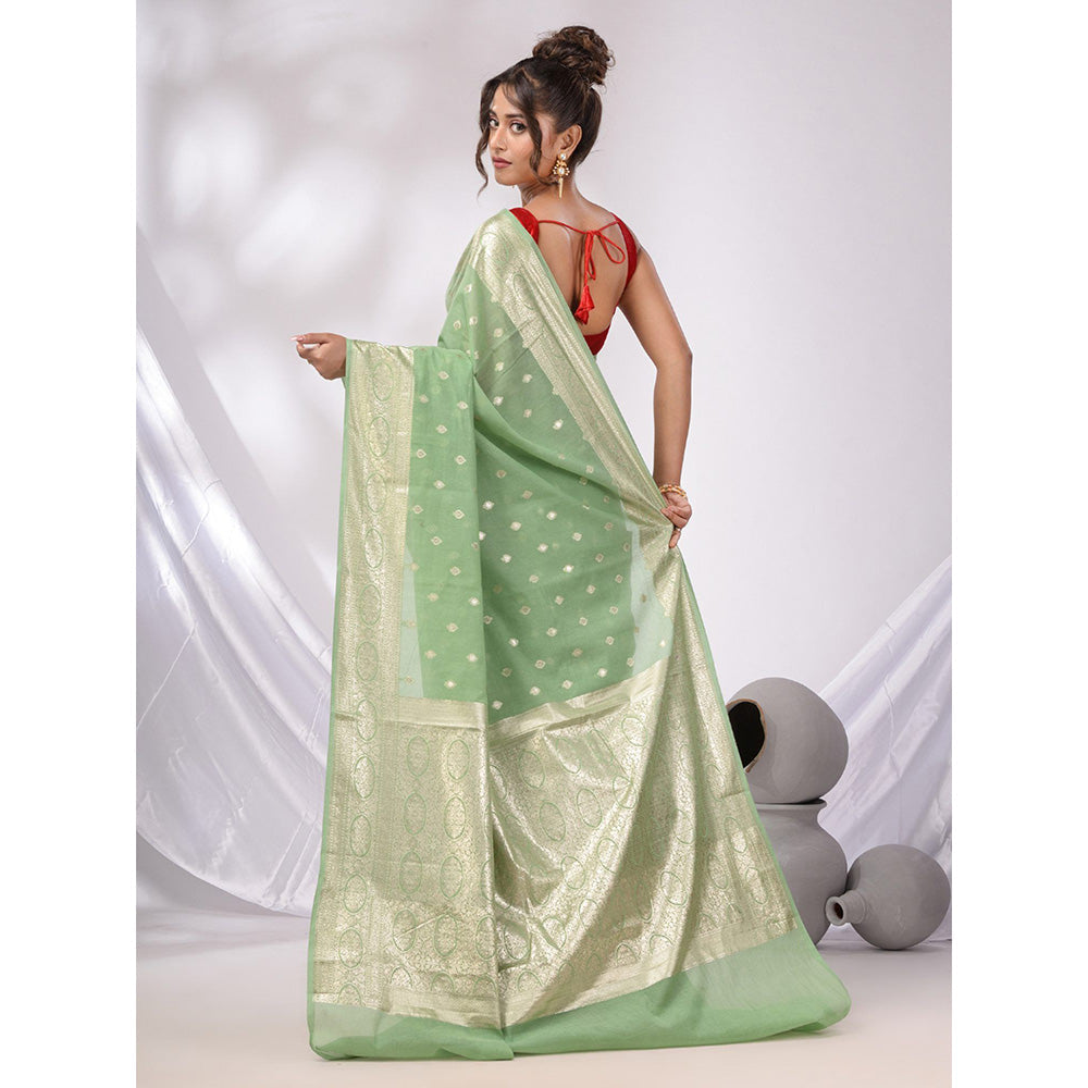 CHARUKRITI Pistachio Green Cotton Blend Handwoven Saree with Woven Zari Border & Unstitched Blouse