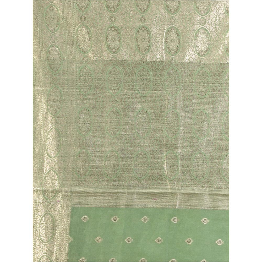 CHARUKRITI Pistachio Green Cotton Blend Handwoven Saree with Woven Zari Border & Unstitched Blouse