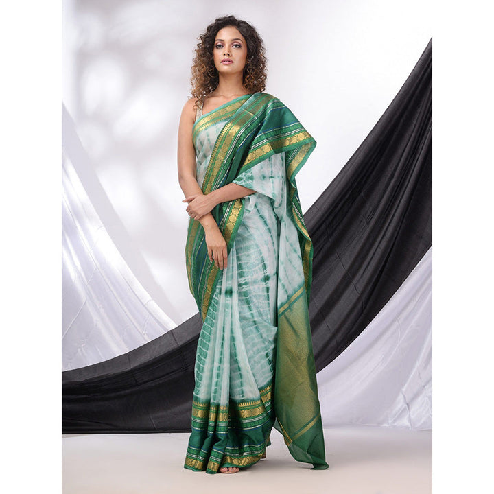 CHARUKRITI White And Green Blended Silk Handwoven Saree with Shibori Print & Unstitched Blouse