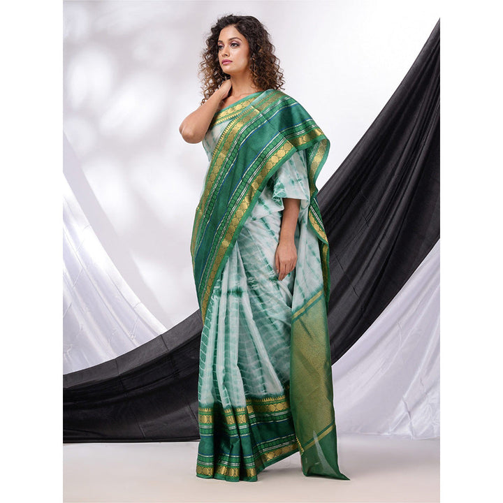 CHARUKRITI White And Green Blended Silk Handwoven Saree with Shibori Print & Unstitched Blouse