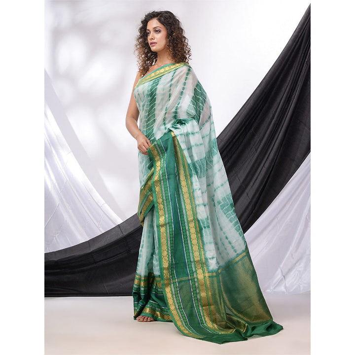 CHARUKRITI White And Green Blended Silk Handwoven Saree with Shibori Print & Unstitched Blouse