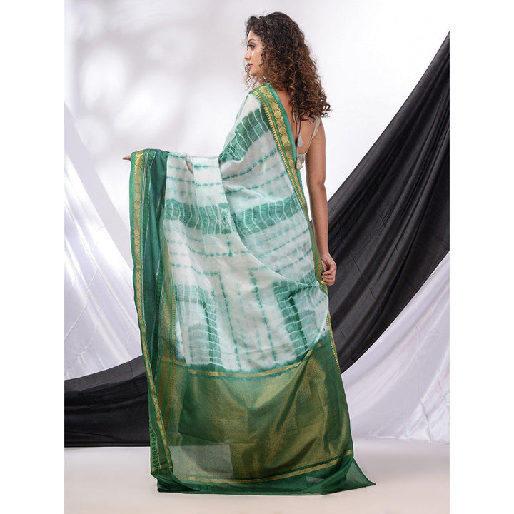 CHARUKRITI White And Green Blended Silk Handwoven Saree with Shibori Print & Unstitched Blouse