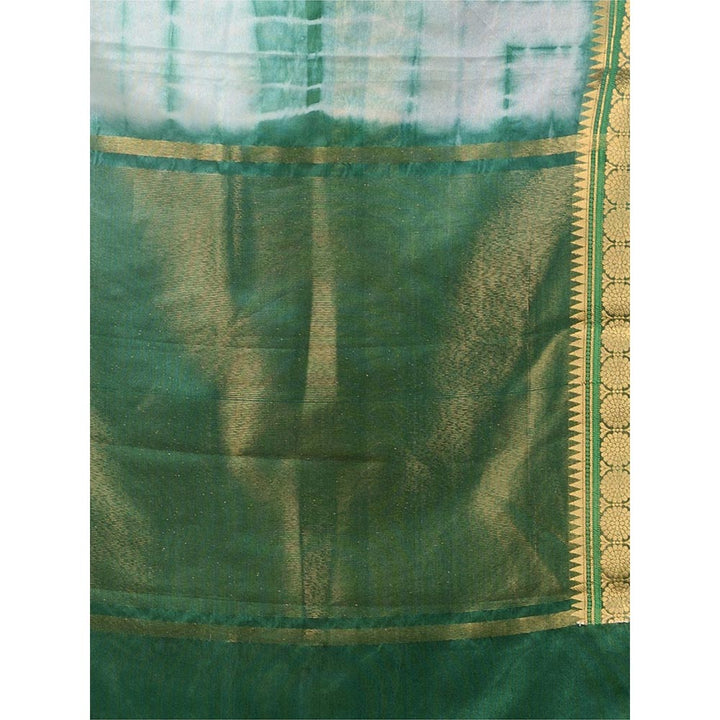 CHARUKRITI White And Green Blended Silk Handwoven Saree with Shibori Print & Unstitched Blouse