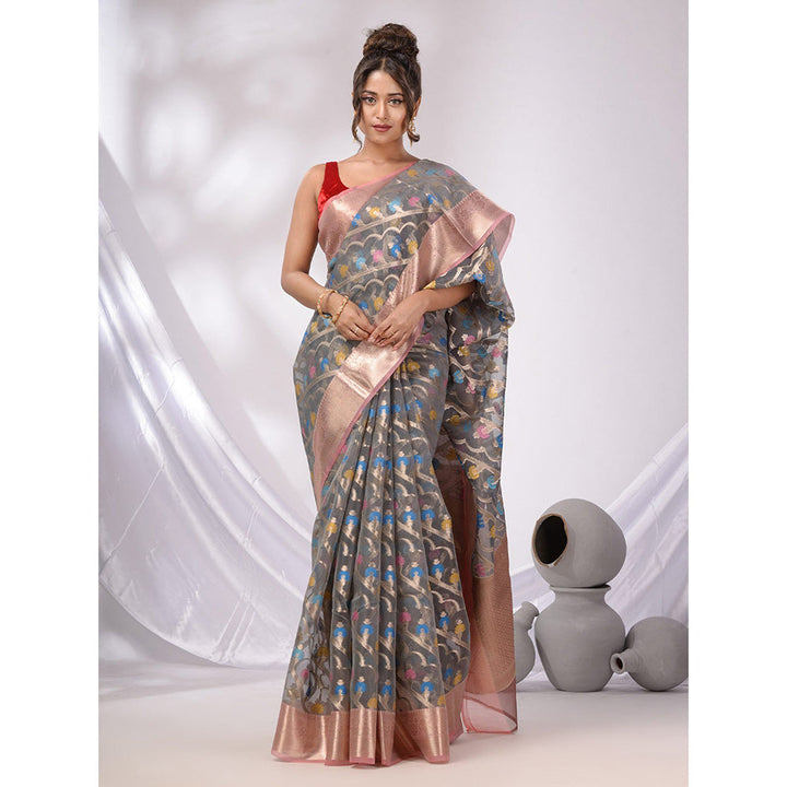 CHARUKRITI Grey Organza Handwoven Saree with Zari Border & Unstitched Blouse