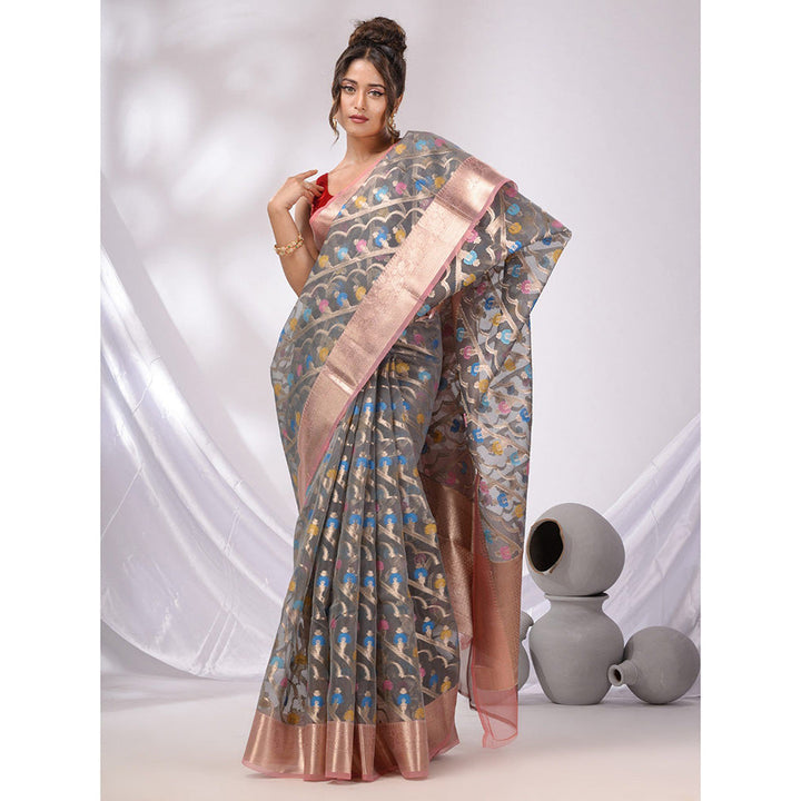 CHARUKRITI Grey Organza Handwoven Saree with Zari Border & Unstitched Blouse