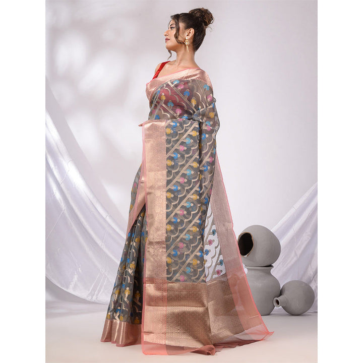 CHARUKRITI Grey Organza Handwoven Saree with Zari Border & Unstitched Blouse