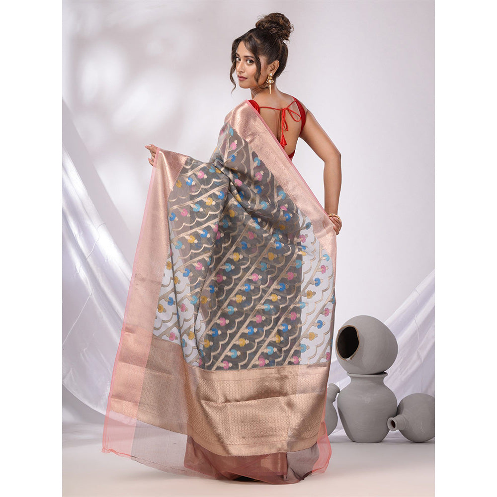 CHARUKRITI Grey Organza Handwoven Saree with Zari Border & Unstitched Blouse