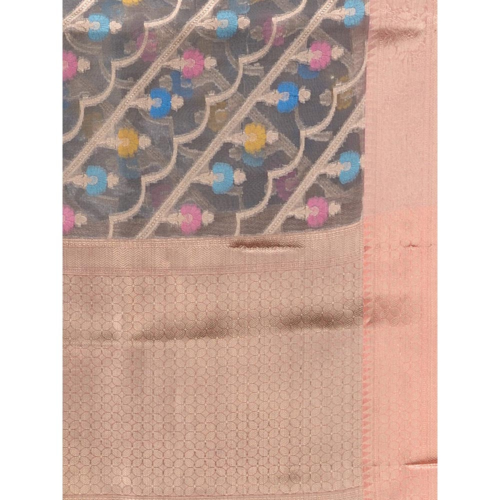 CHARUKRITI Grey Organza Handwoven Saree with Zari Border & Unstitched Blouse