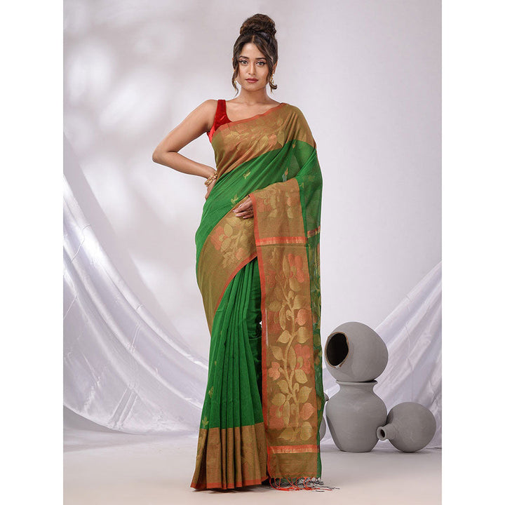 CHARUKRITI Green Cotton Blend Handwoven Saree with Foliage Border & Unstitched Blouse