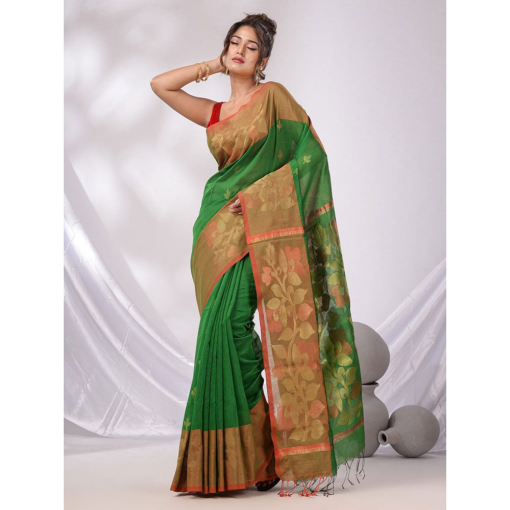 CHARUKRITI Green Cotton Blend Handwoven Saree with Foliage Border & Unstitched Blouse