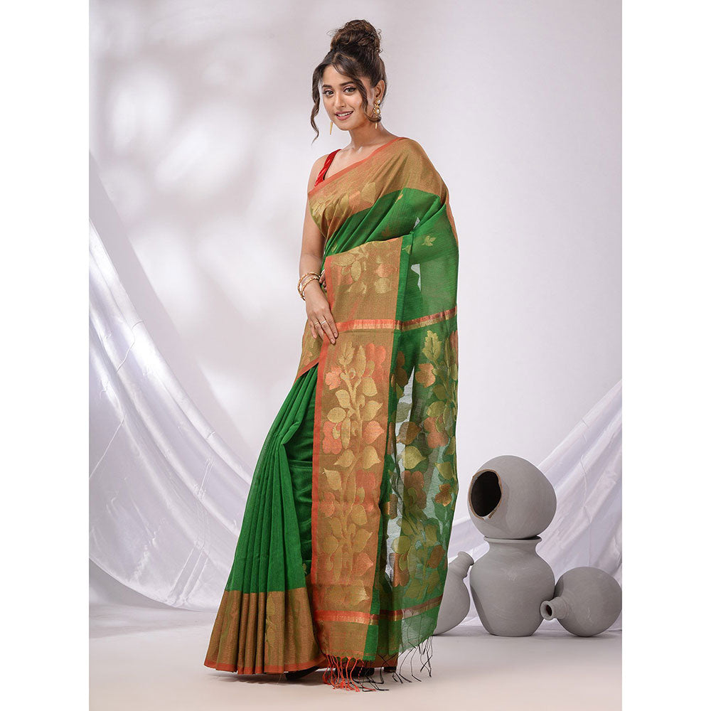 CHARUKRITI Green Cotton Blend Handwoven Saree with Foliage Border & Unstitched Blouse