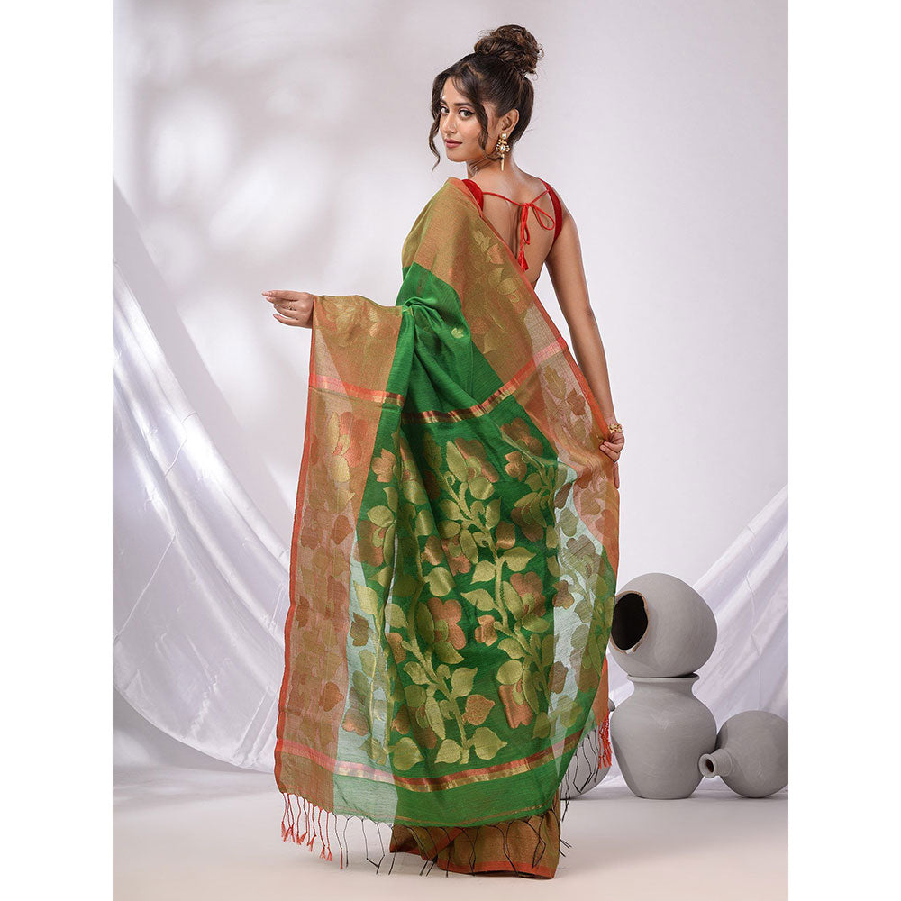 CHARUKRITI Green Cotton Blend Handwoven Saree with Foliage Border & Unstitched Blouse