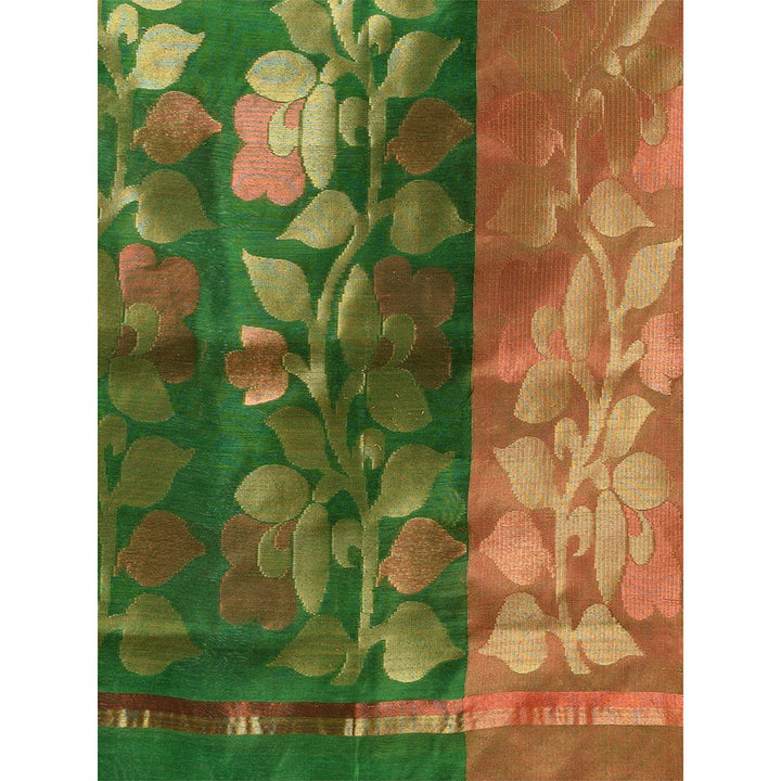 CHARUKRITI Green Cotton Blend Handwoven Saree with Foliage Border & Unstitched Blouse