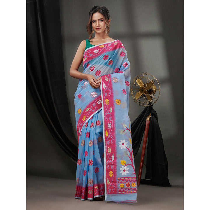 CHARUKRITI Sky Blue Cotton Dhakai Jamdhani Handwoven Saree without Blouse & Floral Designs