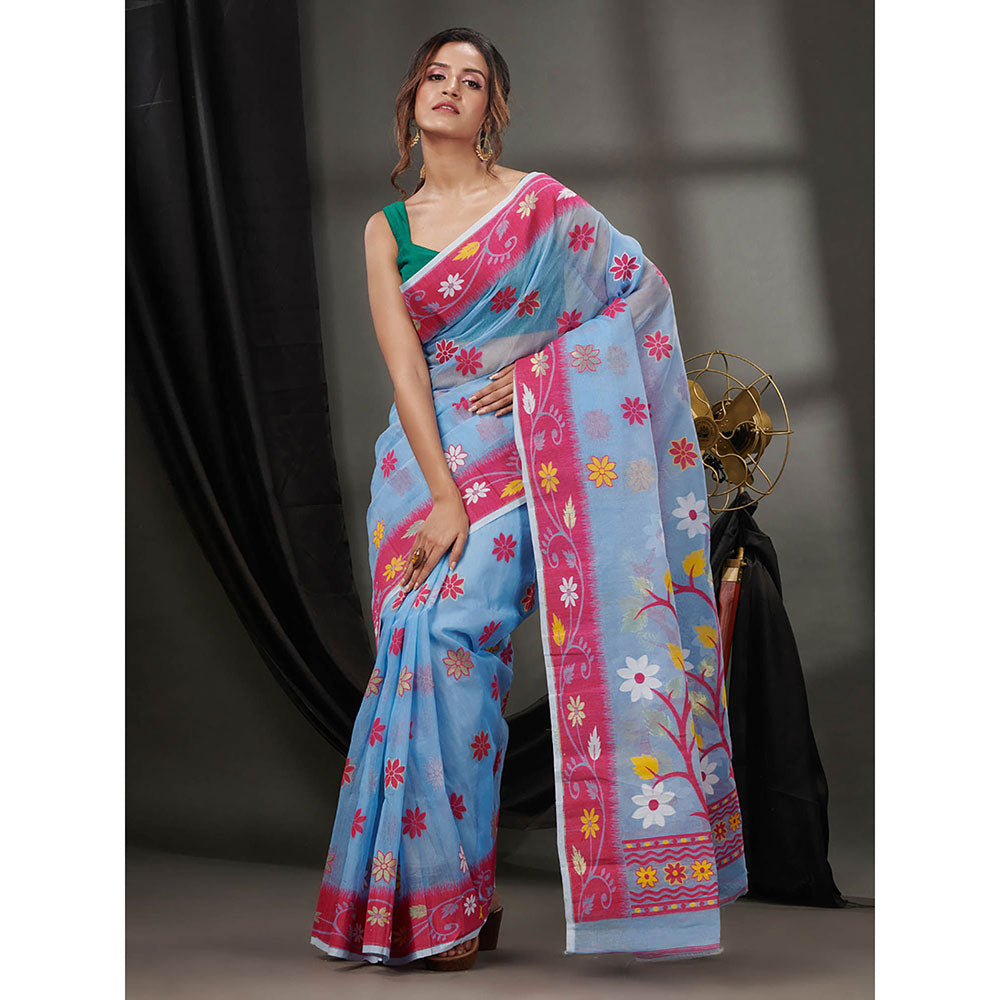 CHARUKRITI Sky Blue Cotton Dhakai Jamdhani Handwoven Saree without Blouse & Floral Designs