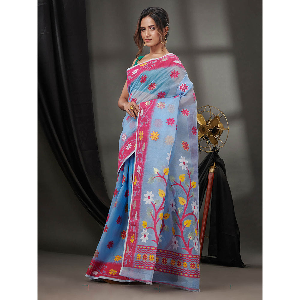 CHARUKRITI Sky Blue Cotton Dhakai Jamdhani Handwoven Saree without Blouse & Floral Designs