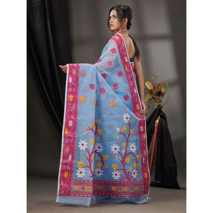 CHARUKRITI Sky Blue Cotton Dhakai Jamdhani Handwoven Saree without Blouse & Floral Designs