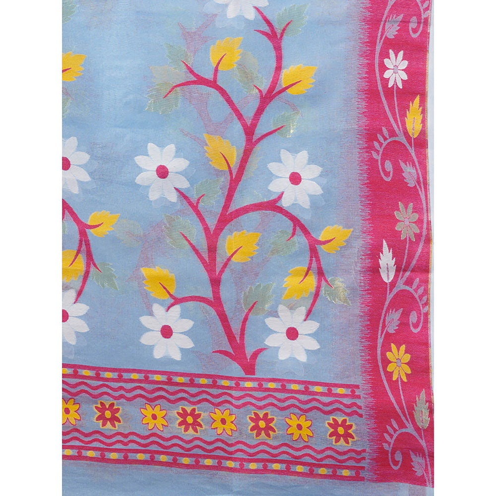 CHARUKRITI Sky Blue Cotton Dhakai Jamdhani Handwoven Saree without Blouse & Floral Designs