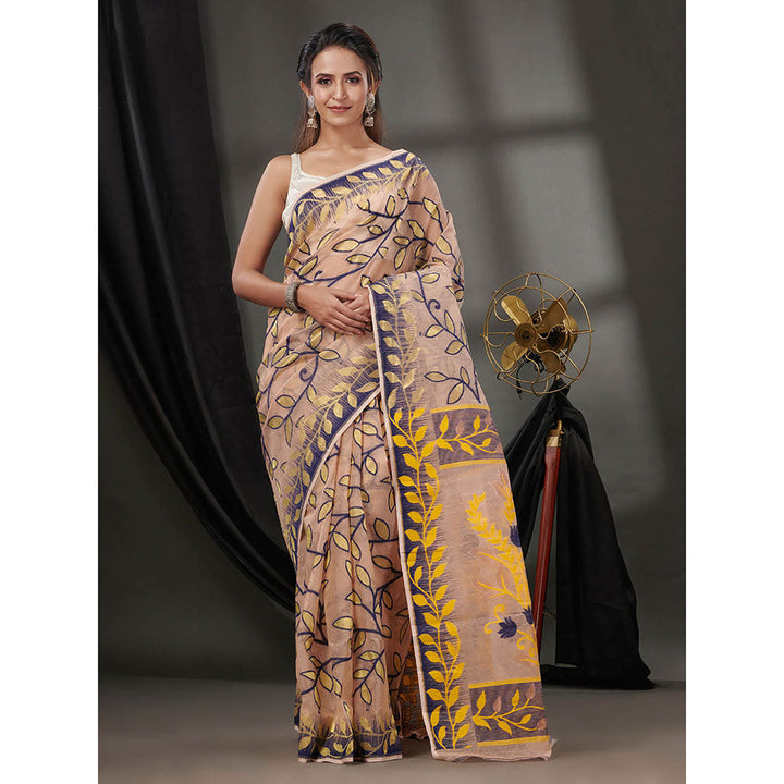 CHARUKRITI Peach Cotton Dhakai Jamdhani Handwoven Saree without Blouse & Foliage Designs