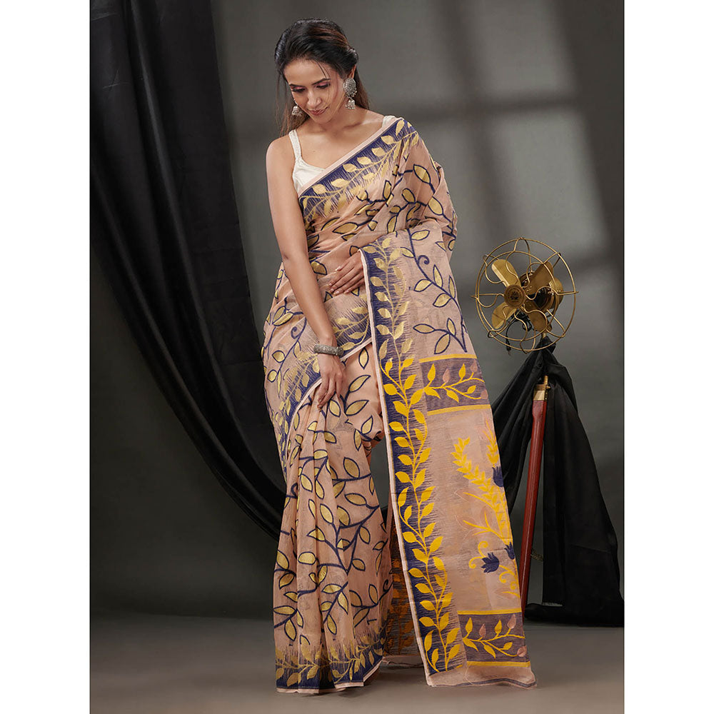 CHARUKRITI Peach Cotton Dhakai Jamdhani Handwoven Saree without Blouse & Foliage Designs