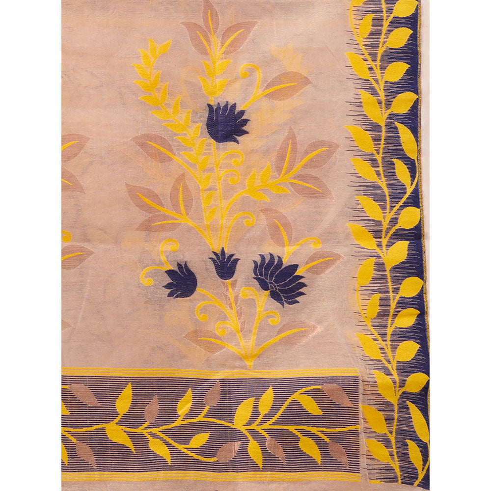 CHARUKRITI Peach Cotton Dhakai Jamdhani Handwoven Saree without Blouse & Foliage Designs