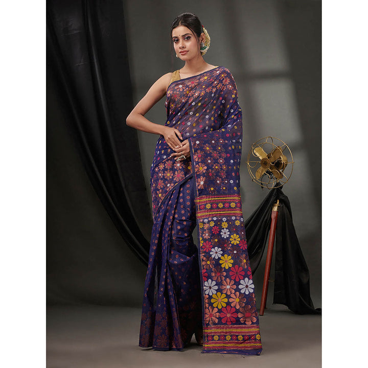 CHARUKRITI Navy Blue Cotton Dhakai Jamdhani Handwoven Saree without Blouse & Floral Designs