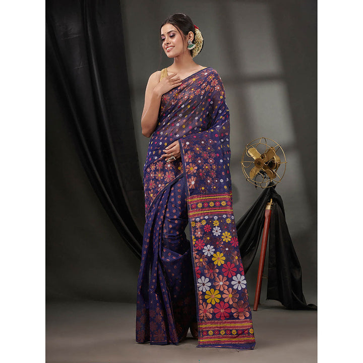 CHARUKRITI Navy Blue Cotton Dhakai Jamdhani Handwoven Saree without Blouse & Floral Designs