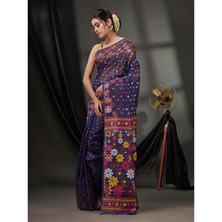 CHARUKRITI Navy Blue Cotton Dhakai Jamdhani Handwoven Saree without Blouse & Floral Designs