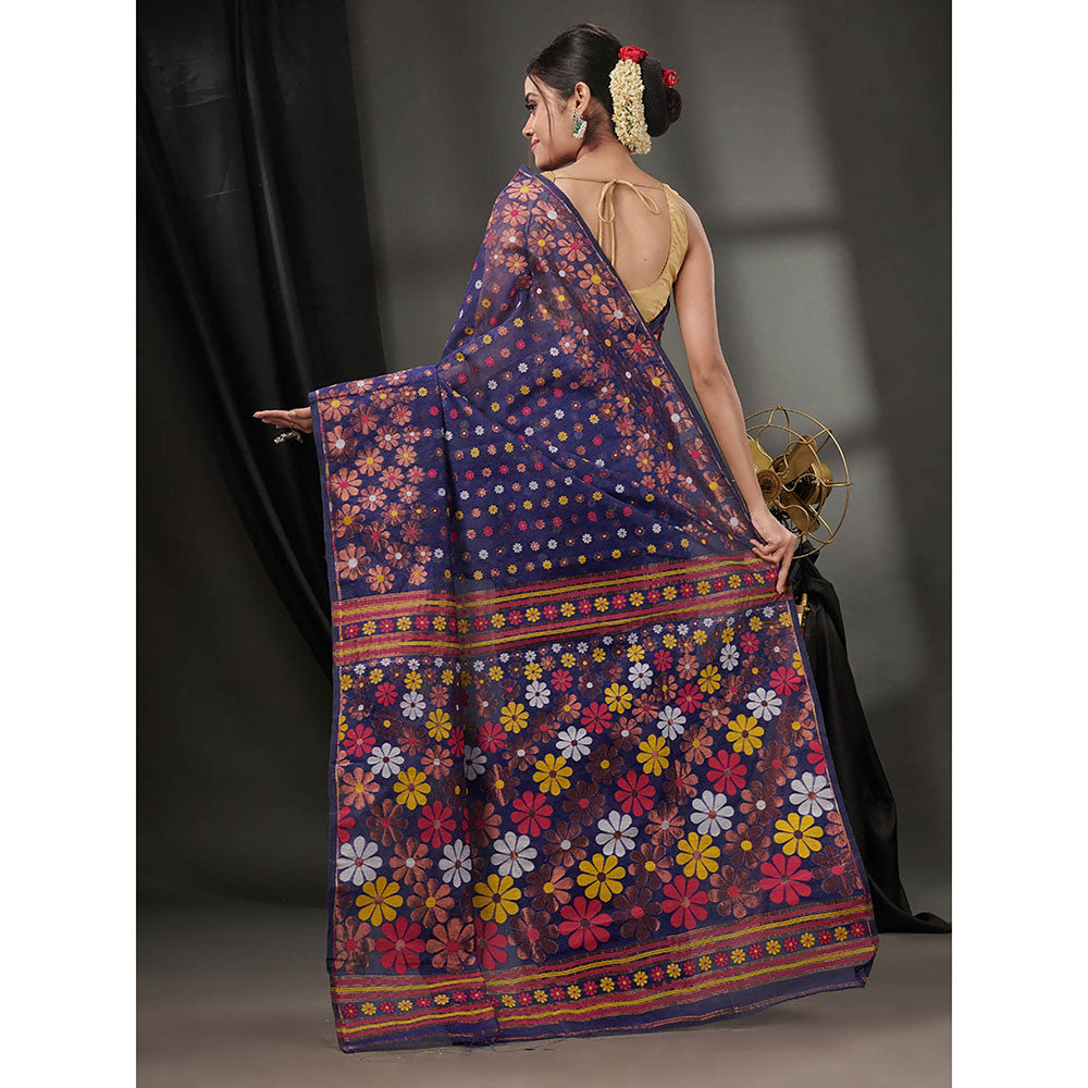 CHARUKRITI Navy Blue Cotton Dhakai Jamdhani Handwoven Saree without Blouse & Floral Designs