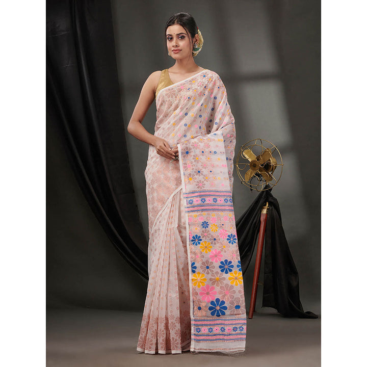 CHARUKRITI Off White Cotton Dhakai Jamdhani Handwoven Saree without Blouse & Floral Designs