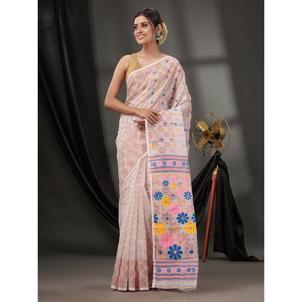 CHARUKRITI Off White Cotton Dhakai Jamdhani Handwoven Saree without Blouse & Floral Designs