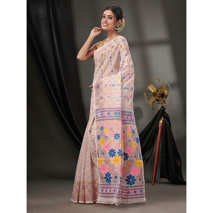 CHARUKRITI Off White Cotton Dhakai Jamdhani Handwoven Saree without Blouse & Floral Designs