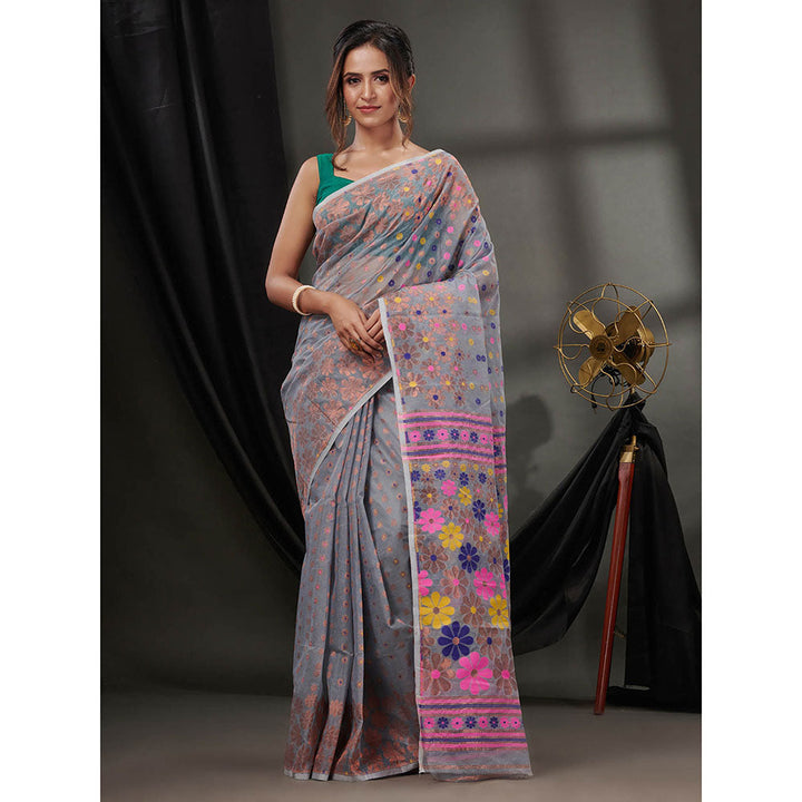 CHARUKRITI Grey Cotton Dhakai Jamdhani Handwoven Saree without Blouse & Floral Designs