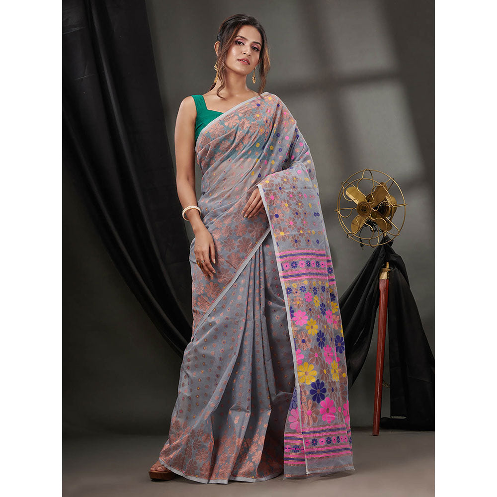 CHARUKRITI Grey Cotton Dhakai Jamdhani Handwoven Saree without Blouse & Floral Designs