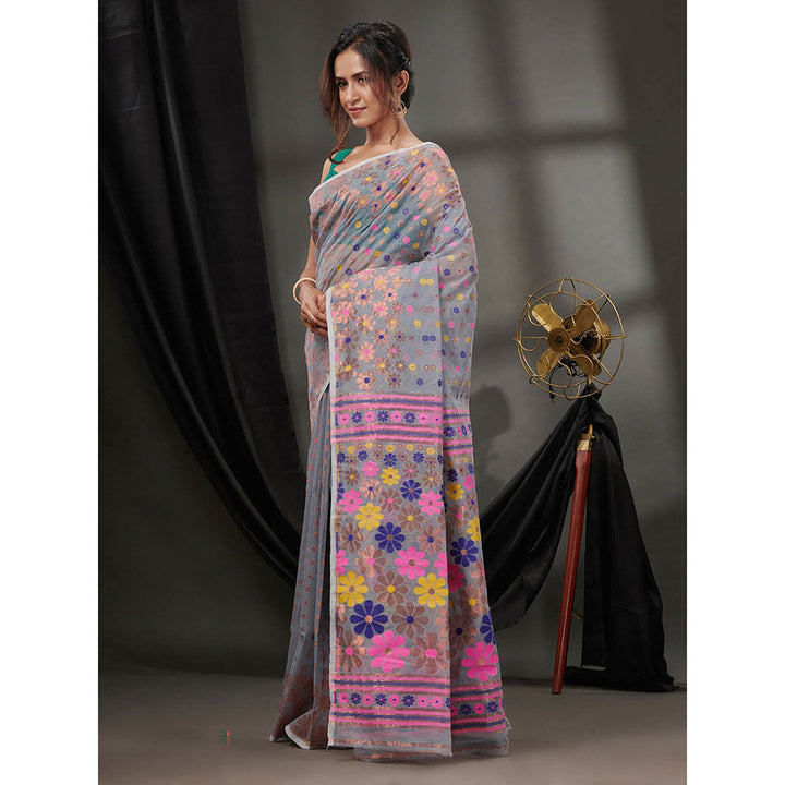 CHARUKRITI Grey Cotton Dhakai Jamdhani Handwoven Saree without Blouse & Floral Designs