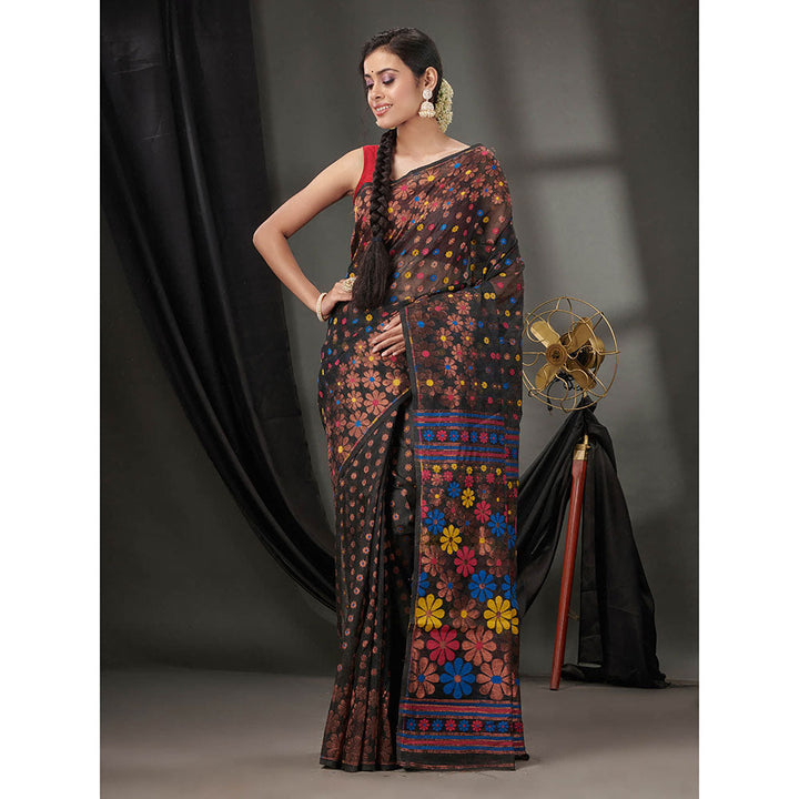 CHARUKRITI Black Cotton Dhakai Jamdhani Handwoven Saree without Blouse & Floral Designs