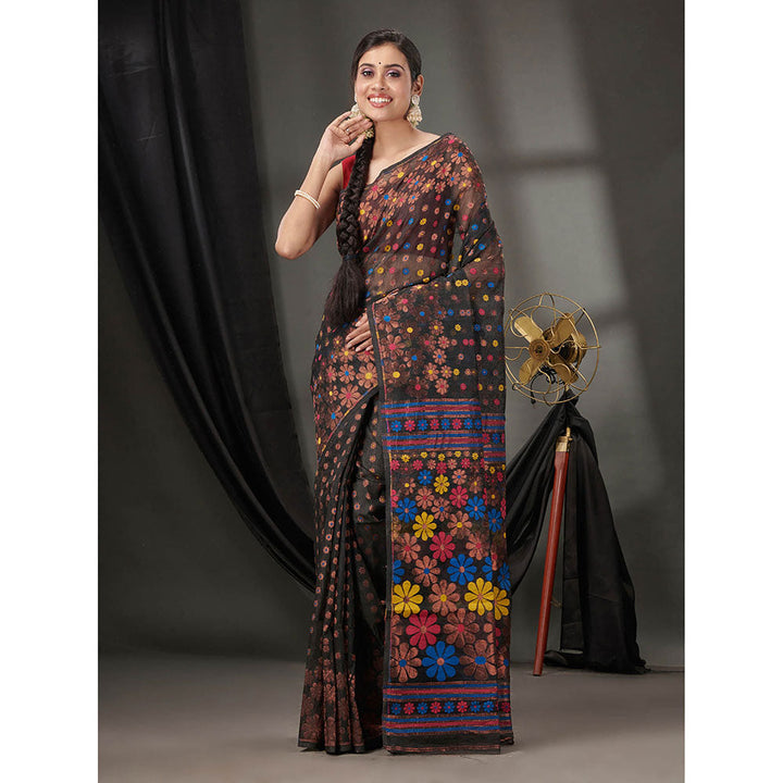 CHARUKRITI Black Cotton Dhakai Jamdhani Handwoven Saree without Blouse & Floral Designs