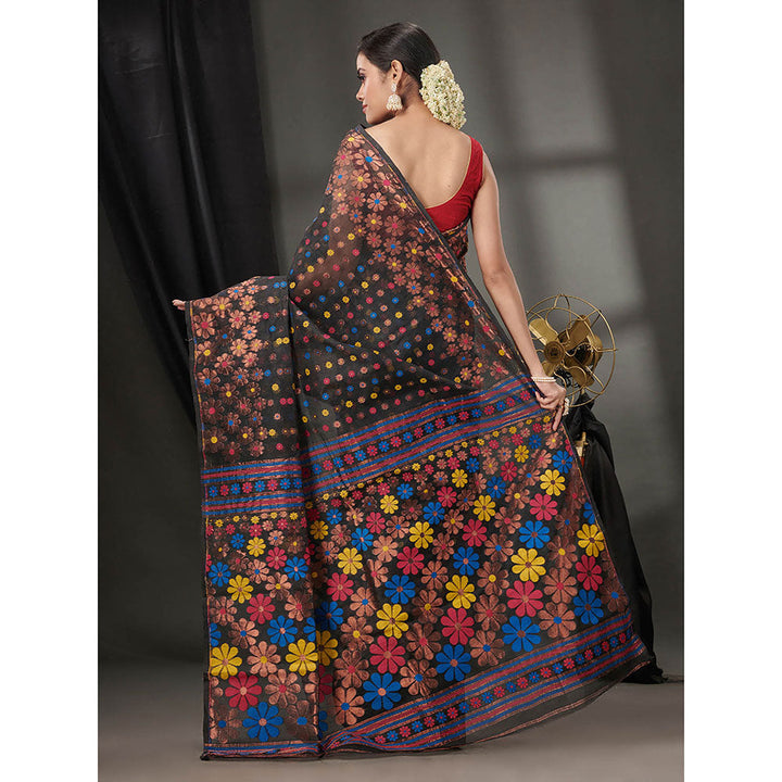 CHARUKRITI Black Cotton Dhakai Jamdhani Handwoven Saree without Blouse & Floral Designs