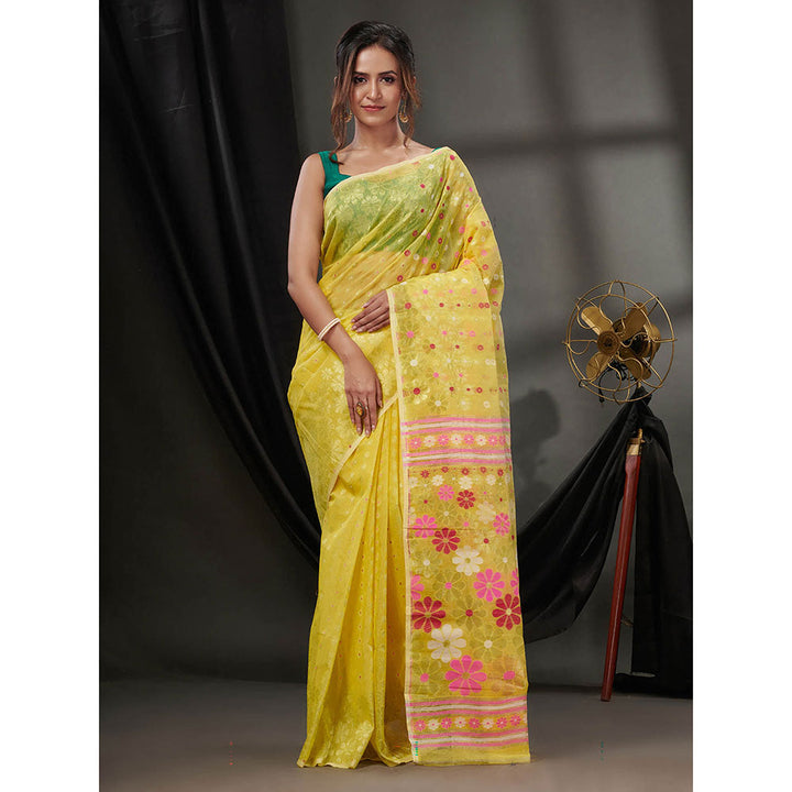 CHARUKRITI Yellow Cotton Dhakai Jamdhani Handwoven Saree without Blouse & Floral Designs