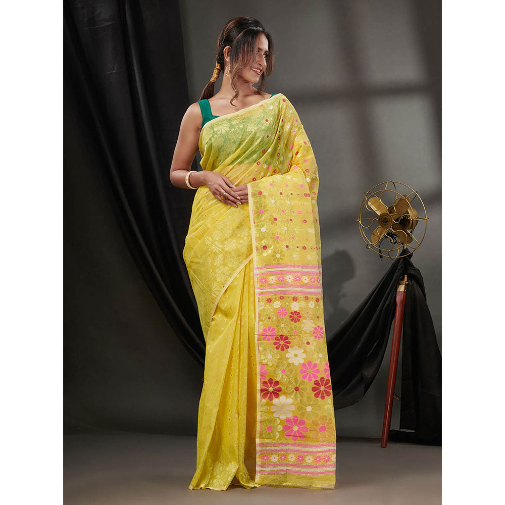 CHARUKRITI Yellow Cotton Dhakai Jamdhani Handwoven Saree without Blouse & Floral Designs