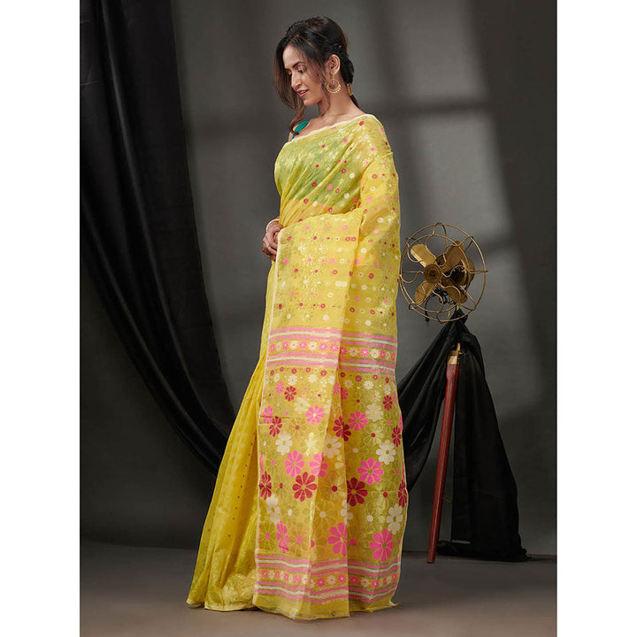 CHARUKRITI Yellow Cotton Dhakai Jamdhani Handwoven Saree without Blouse & Floral Designs