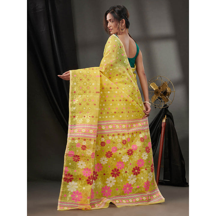 CHARUKRITI Yellow Cotton Dhakai Jamdhani Handwoven Saree without Blouse & Floral Designs