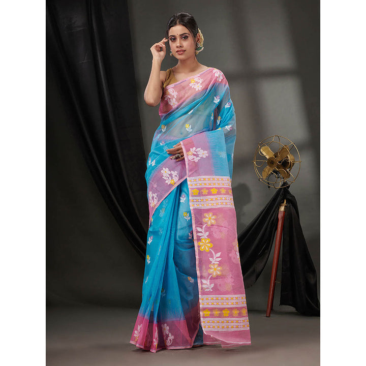 CHARUKRITI Sky Blue Cotton Dhakai Jamdhani Handwoven Saree without Blouse & Floral Motifs